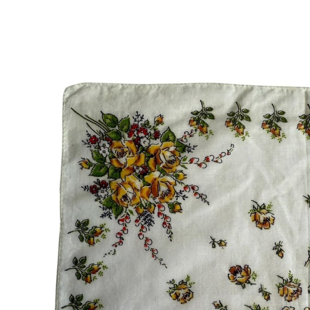 Vintage Womens Floral Handkerchief Yellow Roses  Delicate Green Accents Cotton B - Picture 6 of 10